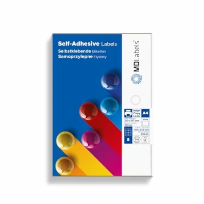 Immagine di MDlabels Etichette adesive universali, DIN A4, stampabili, bianche (105 x 74,5 mm, 800 etichette)