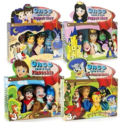 Immagine di Leomark burattini a mano, Bambole colorate per giocare teatro 4 fiabe Marionette da mano bambini, Biancaneve, Gatto con gli stivali, Pinocchio, Alladyn (set di 16)