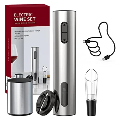 Immagine di CIRCLE JOY Set Apribottiglie Elettrico Per Vino, Cavatappi Ricaricabile Con Tagliacapsule, Aeratore E Tappo A Vuoto Gli Amanti Del Argento
