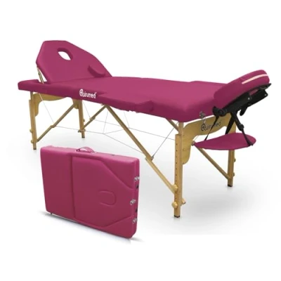 Immagine di QUIRUMED Elite Lettino da massaggio pieghevole in legno, rosa, 194 x 70 cm, similpelle, portatile, schienale pieghevole, testa rimovibile, foro facciale, altezza regolabile, fino a 150 kg