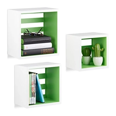 Immagine di Relaxdays 10021798_252 Set 3 Mensole da Parete Cube, Forma Quadrata, Cubo, Legno MDF, Bianco Verde