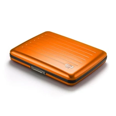 Immagine di ÖGON DESIGNS Portafoglio in Alluminio Smart Case V2 Large Formato Carta d&#039;identità, permesso di Guida Scomparto nascosto per monete Protezione RFID Capacità 10 Carte, arancione, taglia
