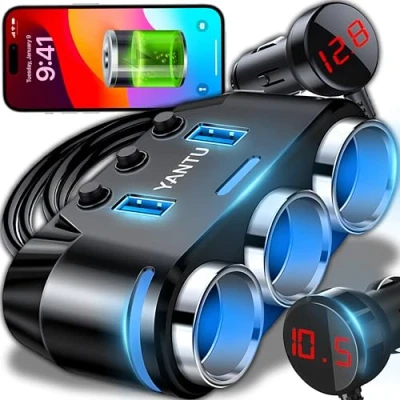 Immagine di Retoo Adattatore per caricabatteria da auto a 3 scomparti e 2 prese USB, distributore accendisigari scomparti, sdoppiatore multipresa LED, caricatore cellulare