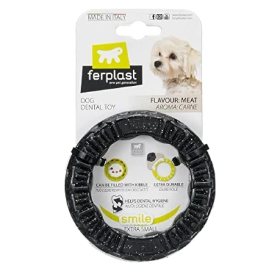 Immagine di Ferplast Gioco Cane, Anello Dispenser Crocchette Cani, in Materiale Durevole da Masticare, Aroma Carne, per Igiene Dentale, SMILE Fitness, Giochi Cane Piccolo, Nero