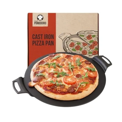 Immagine di Chef Pomodoro Piastra Ghisa da 38 cm, Teglia Pizza Rotonda con Maniglie, Padella per Adatta a Forni, Barbecue e Falò, Piadine, Bruschette Crostini