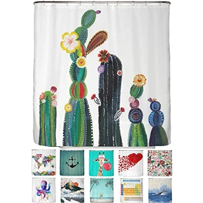 Immagine di arteneur® Tenda da doccia antimuffa, 180x200 cm, materiale riciclato Öko Tex Standard 100, orlo zavorrato, non trasparente, impermeabile, lavabile, con 12 anelli ed e book, motivo: fiori di cactus