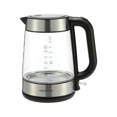 Immagine di Amazon Basics Bollitore elettrico in vetro, 1,7 litri, 2200W, Nero, Argento