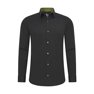 Immagine di Rusty Neal Camicia da uomo di alta qualità, slim fit, a maniche lunghe, elasticizzata, contrasto, per il tempo libero, nero / kaki, L