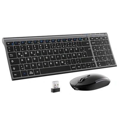 Immagine di iClever GK03 2.4G Set di mouse per tastiera, senza fili, in alluminio, layout QWERTZ (tedesco), computer/desktop/PC/laptop/superficie/Windows 10/8/7/Vista/XP (2,4 GHz, USB)