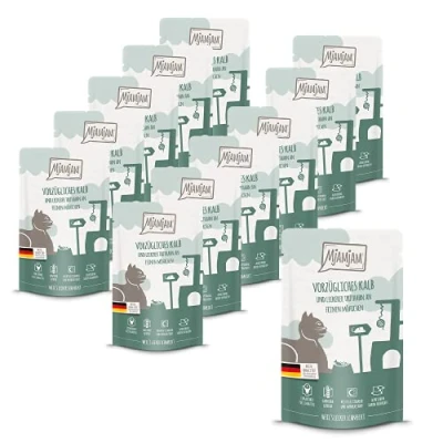 Immagine di MjAMjAM cibo umido premium per gatti Quetschie eccellente vitello e tacchino con deliziose carote, confezione da 12x 125 g, senza cereali carne extra