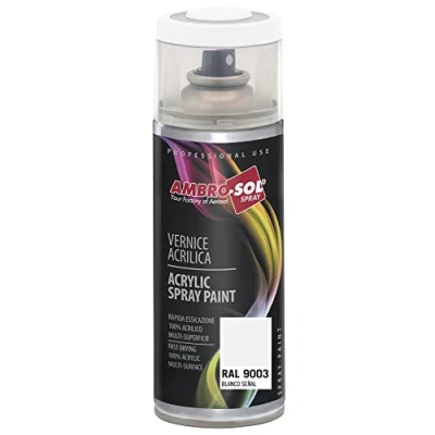 Immagine di Ambro Sol V4009003 Smalto Acrilico Multiuso, Vernice Brillante per Interni ed Esterni, Adatto Qualsiasi Tipo di Materiale, Bomboletta Spray in Banda Stagnata Riciclabile 400 ml, Bianco Segnale