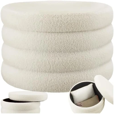 Immagine di TecTake® Pouf Contenitore, Sgabello Imbottito Rivestimento Bouclé, Letto Stile Scandinavo, Camera da Salotto Bouclé Crema/Bianco, XL