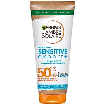 Immagine di Garnier Latte solare con SPF 50+, crema molto leggera e senza residui, per pelli chiare sensibili, Ambre Solaire Sensitive expert+, 1 x 175 ml