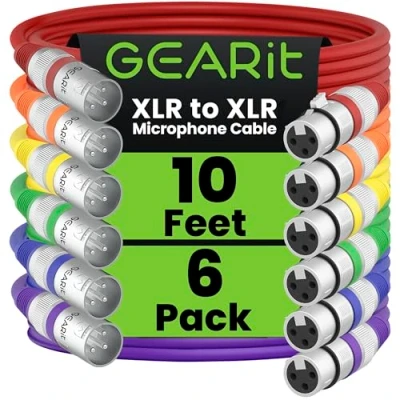 Immagine di GearIT cavo microfono XLR a (3 metri, 6 pezzi) maschio femmina, schermato bilanciato 3 pin per mixer microfono, studio di registrazione, podcast, multicolore, m, confezione da