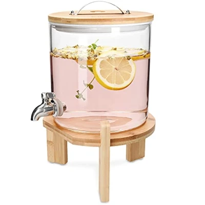Immagine di Navaris Dispenser Bevande in Vetro 5l con Rubinetto Coperchio e Stand bambù Distributore Erogatore Acqua Bibite Calde Fredde Drink