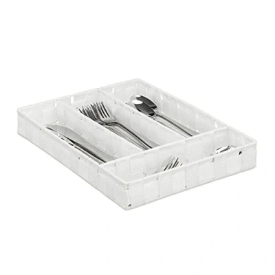 Immagine di Relaxdays Portaposate, Divisore per Posate da Cassetto, 4 Scomparti, Utensili, Intrecciato, HxLxP: 4,5x26x36 cm, Bianco
