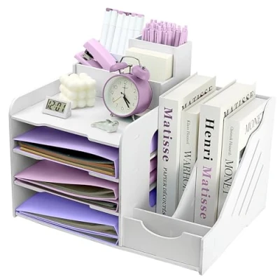 Immagine di vassoio per lettere, documenti A4, da ufficio a 4 ripiani, organizer scrivania con impilabile, portapenne (bianco)