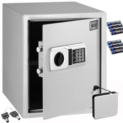 Immagine di BAKAJI Cassaforte Elettronica di Sicurezza con Box Batteria Esterno, Cassetta Porta Valori e Documenti Antiscasso per Casa, Hotel, Armadio a Muro Parete o Indipendente, 40 x 35 cm (Grigio)