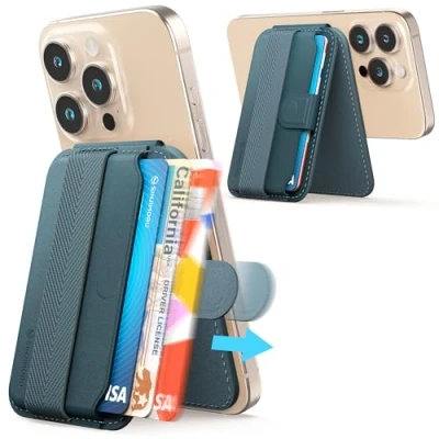 Immagine di Sinjimoru Pull &amp; Eject Magnetic Card Holder, Phone wallet for Magsafe with Kickstand Compatible iPhone 15 14 13 12 series. M Tab Stand Blu Marino