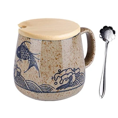 Immagine di Tazza da Caffè con Coperchio,Tazza latte in Ceramica Cappuccino 400 ml,Tazza Giapponese Dipinta a mano Tazza,Tazza Tè