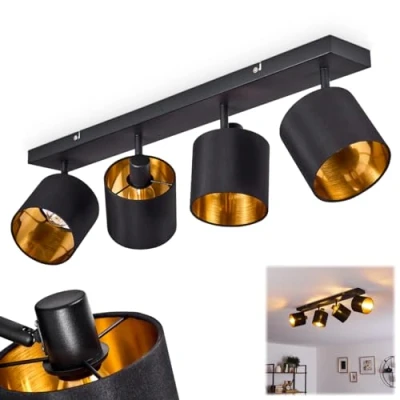 Immagine di lampada da soffitto Alsen, in metallo/tessuto nero/oro, 4 luci, con faretti regolabili, x E14, faretto paralume tessuto dal design retro/vintage, senza lampadina/e