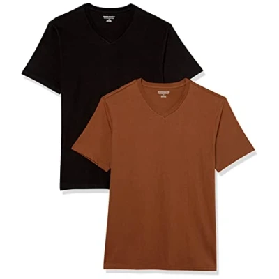 Immagine di Amazon Essentials Confezione da 2 Magliette con Scollo a V Maniche Corte vestibilità Slim Uomo, Pacco 2, Nero/Marrone, M