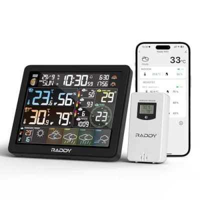 Immagine di Raddy N80 Smart Wlan Stazione Meteo con APP, wireless sensore esterno, ampio display a colori da 8&#039;&#039;, orari di alba/tramonto, PM2.5/AQI, indice UV, 4 sveglie
