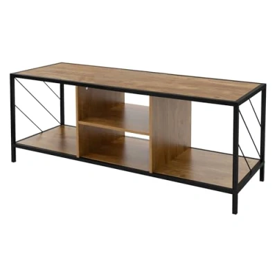 Immagine di ML Design Mobile per TV Comodino Rustico 120 x 40 46 cm Telaio in Acciaio Robusto Nero Piano del Tavolino Legno con Scomparti Console DVD Basso Televisione