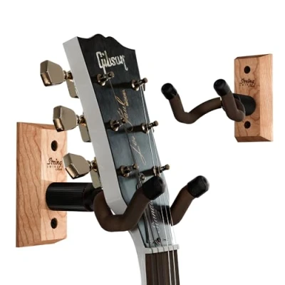 Immagine di String Swing Supporto per chitarra elettrica, acustica e basso, accessori casa o studio, sicuro senza custodie rigide, in legno di ciliegio, confezione da 2
