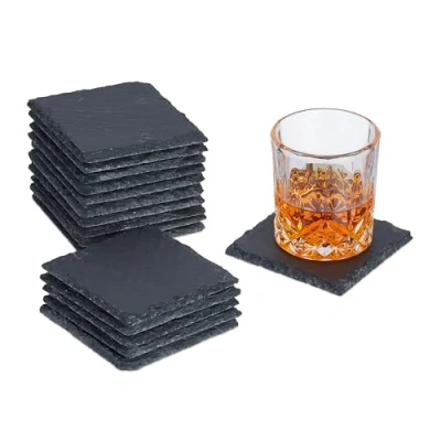 Immagine di Relaxdays Sottobicchieri in Ardesia, Set da 16, Poggia Bicchieri, Sottobottiglia 10x10 cm, Accessori Bar, Antracite, Gommapiuma