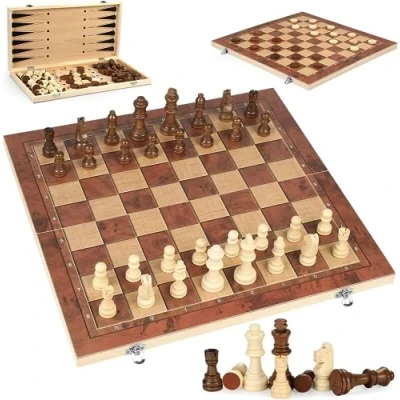 Immagine di Scacchiera in Legno,3 1 Set di Scacchiera,Scacchiere Set,Scacchi Standard,Scacchi Pieghevole Portatile,Scacchi Legno Alta Qualità,Gioco per Bambini e Adulti Feste Attività Famiglia