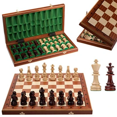 Immagine di Master of Chess Scacchiera in Legno da Torneo 50 cm Intarsiato Portatile Grandi Set di Scacchi Pieghevoli per Bambini e Adulti Con Figure STAUNTON NO.7