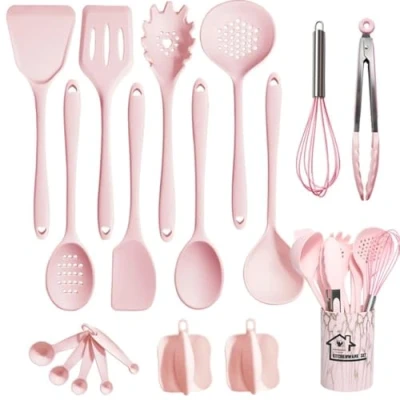 Immagine di UXIYI set di utensili da cucina in silicone, 18pcs, incluso Turner Spatola Tong Spoon Gadget resistenti al calore antiaderenti,Rosa