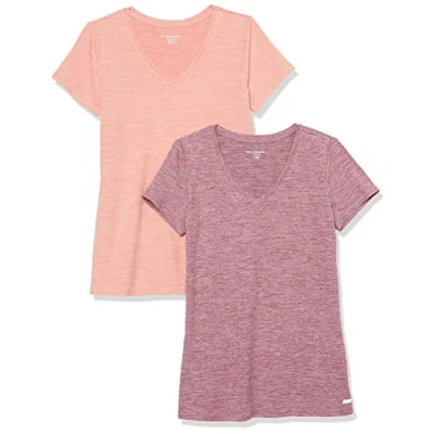 Immagine di Amazon Essentials T Shirt Tech Stretch a Maniche Corte con Scollo V (Disponibile in Taglia Forte) Donna, Pacco da 2, Prugna Tintura Policromatica/Rosa Salmone Policromatica, XL