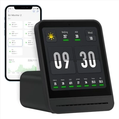Immagine di Qingping Air Quality Monitor Gen 2, Indoor Detects PM2.5, CO2, PM10, Noise, Temperature and Humidity, New Upgraded Alarm Clock Function, Tester for Bedroom (Black)