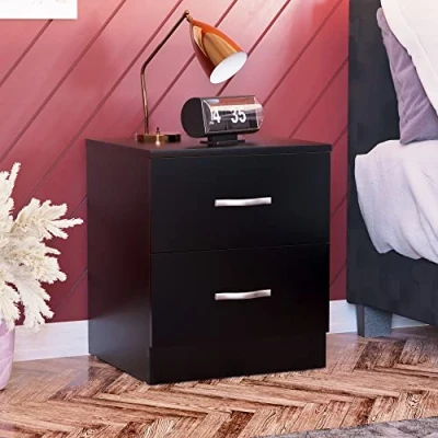 Immagine di Vida Designs comodino Nero con 2 cassetti, maniglie in metallo e guide,