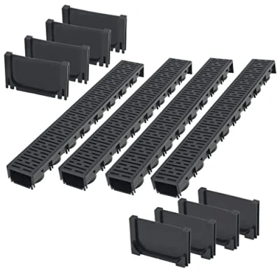 Immagine di vidaXL 4x Canalette di Drenaggio in Plastica 4 m Nere con Tappi Canale Scolo