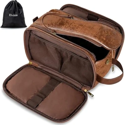Immagine di Elviros Borsa da Toilette grande Viaggio Beauty case in pelle resistente all&#039;acqua Organizer per Articoli Toeletta con Asciutta Bagnata Gratuita, Marrone scuro, 30,5 x 17 18 cm