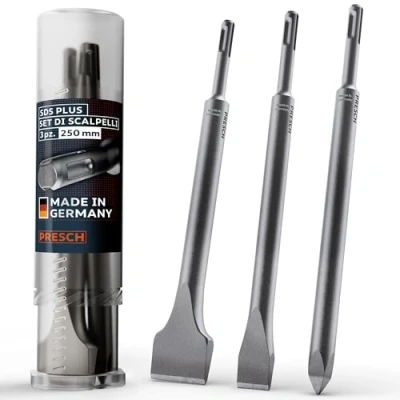 Immagine di Presch SDS plus Set di scalpelli 3 pezzi completo piatti, larghi e a punta Punte estremamente robuste durature (lunghezza 250 mm) per colpi potenti