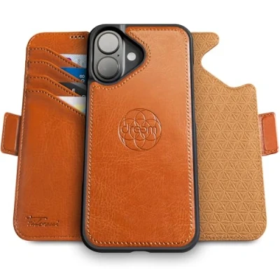 Immagine di dreem Fibonacci compatibile con iPhone 16 custodia a portafoglio/custodia antiurto 2 in 1 e folio pelle vegana staccabile, MagSafe, protezione RFID [Caramello]