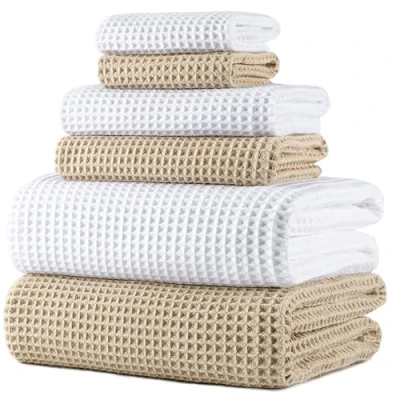 Immagine di POLYTE Set di 6 asciugamani da bagno in microfibra oversize, 76 x 152 cm, ad asciugatura rapida, senza pelucchi, colore bianco, beige, tessuto a nido d&#039;ape