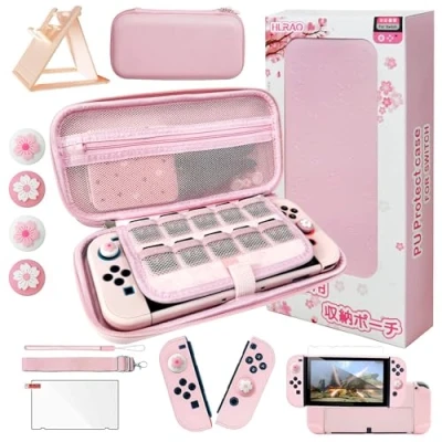 Immagine di HLRAO Borsa Set Accessori da viaggio Rosa Compatibile con Nintendo Switch OLED, custodia design Sakura, protettiva rigida, supporto regolabile, proteggi HD e impugnatura pollice.