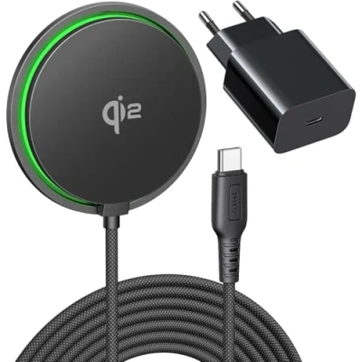 Immagine di INIU Caricatore Wireless iPhone, 15W Mag safe Charger Certificato Qi2 con Raffreddamento, Ricarica per iPhone 16 Pro 15 14 13 12 Plus, AirPods 4 3 2 Pro, Cavo USB C e Adattatore Inclusi