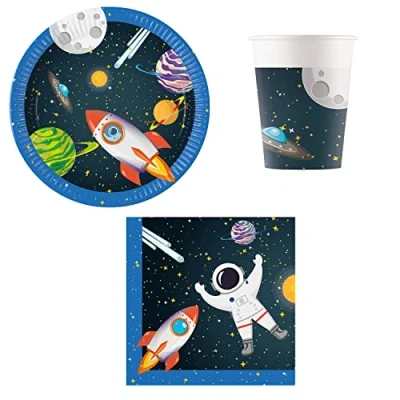 Immagine di Procos DY10273856 Set da festa razzo spaziale piccolo, piatti, tovaglioli e tazze, decorazione tavolo, di compleanno