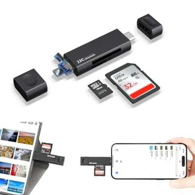 Immagine di JJC Metal USB 3.0 Lettore di Schede SD per iPhone 16 15 Pro Max Plus, Esterno 3 in 1 Micro 2.0 C SDHC SDXC TF UHS I (Nero)