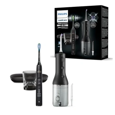 Immagine di Irrigatore orale senza filo Philips Sonicare Power Flosser 3000 e spazzolino elettrico DiamondClean 9000 Pulizia di denti gengive rimozione della placca, colore nero (modello HX3886/43)