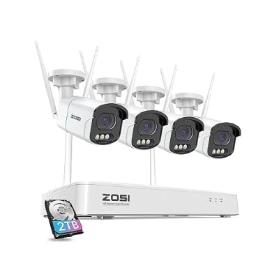Immagine di ZOSI 4MP Kit Videosorveglianza WiFi Esterno, 4X Telecamera Bullet, H.265+ 8CH 2TB NVR, Visione Notturna a Colori, Rilevazione di Persone, Audio Bidirezionale, Allarme Intelligente