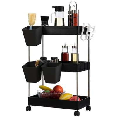 Immagine di DOEWORKS Carrelli Portaoggetti con Tazze Appese Carrello Cucina a 3 Ripiani, Organizer Scaffale Ruote per Bagno Camera Ufficio, Nero