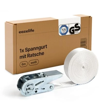 Immagine di cinghia di tensione per lavatrice, 6 m, 25 mm, certificata TÜV &amp; GS, fissare asciugatrice e con cricchetto, ancoraggio, 800 daN, colore bianco