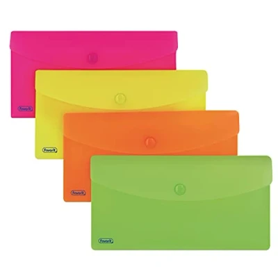Immagine di Favorit Buste Con Bottone Neon, DL, Polipropilene, Opaco, Confezione da 5 pezzi, Colori Assortiti